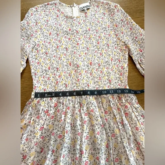 Ganni Floral Babydoll Mini Dress Long Sleeve Ditsy Print Pleated